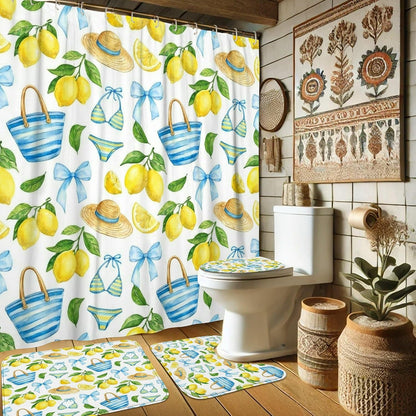 Lemon Shower Curtain Sets, Summer Tropical Hat Bow Summer Yellow Waterproof Fabric Bathroom Shower Curtain and Bath Mat Set for Bathtub Toile Guest Room Decor 72x72 Inch