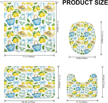 Lemon Shower Curtain Sets, Summer Tropical Hat Bow Summer Yellow Waterproof Fabric Bathroom Shower Curtain and Bath Mat Set for Bathtub Toile Guest Room Decor 72x72 Inch