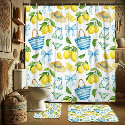 Lemon Shower Curtain Sets, Summer Tropical Hat Bow Summer Yellow Waterproof Fabric Bathroom Shower Curtain and Bath Mat Set for Bathtub Toile Guest Room Decor 72x72 Inch