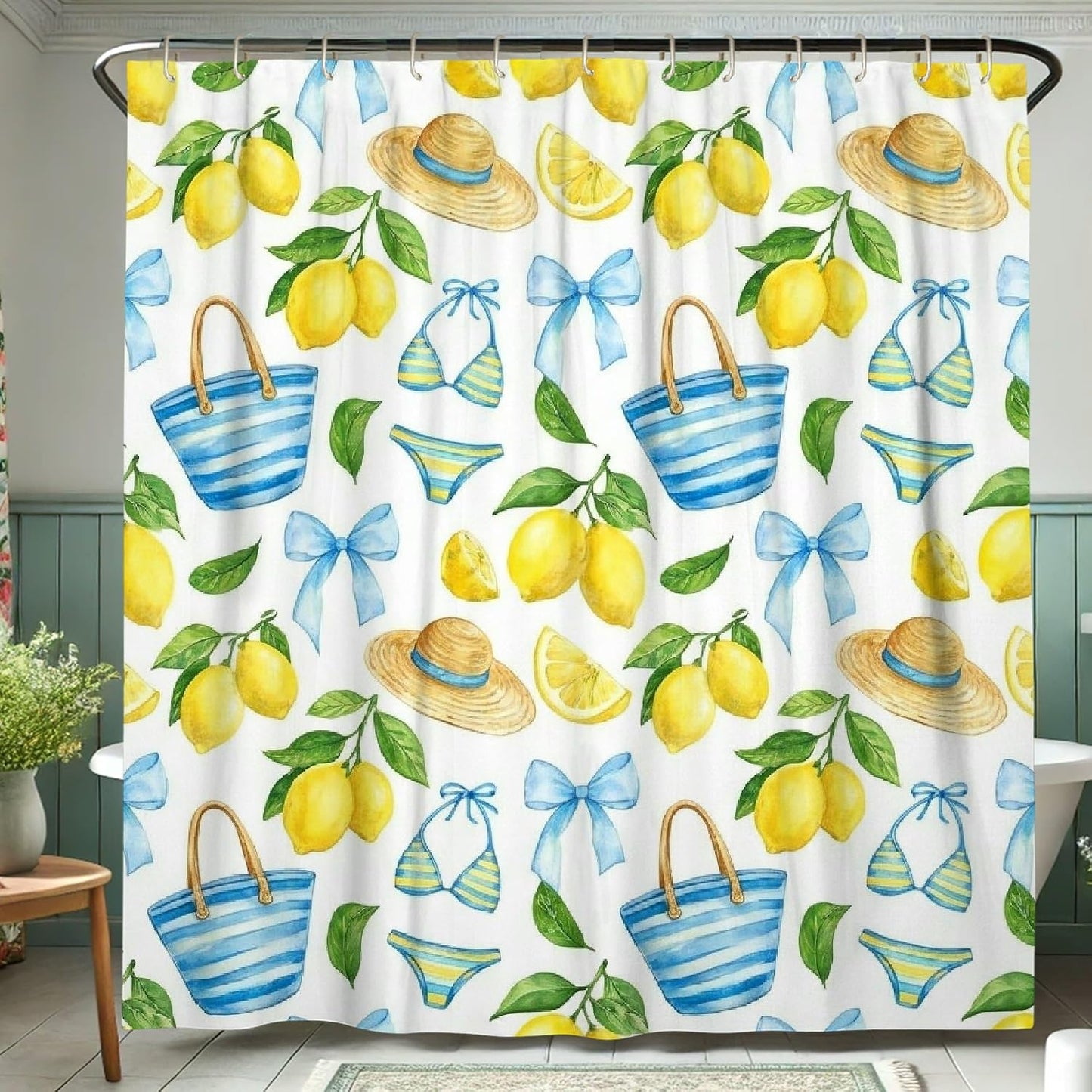 Lemon Shower Curtain Sets, Summer Tropical Hat Bow Summer Yellow Waterproof Fabric Bathroom Shower Curtain and Bath Mat Set for Bathtub Toile Guest Room Decor 72x72 Inch