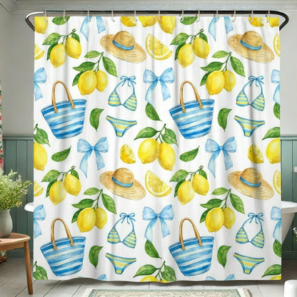 Lemon Shower Curtain Sets, Summer Tropical Hat Bow Summer Yellow Waterproof Fabric Bathroom Shower Curtain and Bath Mat Set for Bathtub Toile Guest Room Decor 72x72 Inch