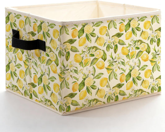 Rustic Yellow Lemon Floral Storage Bins Box with Handles, Cottagecore Lemon Fruits Flower Botanical Foldable Basket Toybox for Bedroom Bathroom Laundry Room Home Clothes Toys Books