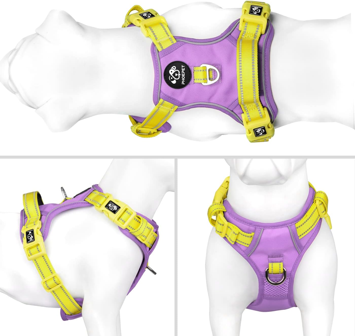 No Pull Dog Harness, Unique Colors Reflective Adjustable Dog Vest, with Soft Training Handle Metal Clips for Small Medium Large Dogs (Baby Purple Base & Yellow Straps,M)
