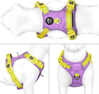 No Pull Dog Harness, Unique Colors Reflective Adjustable Dog Vest, with Soft Training Handle Metal Clips for Small Medium Large Dogs (Baby Purple Base & Yellow Straps,M)