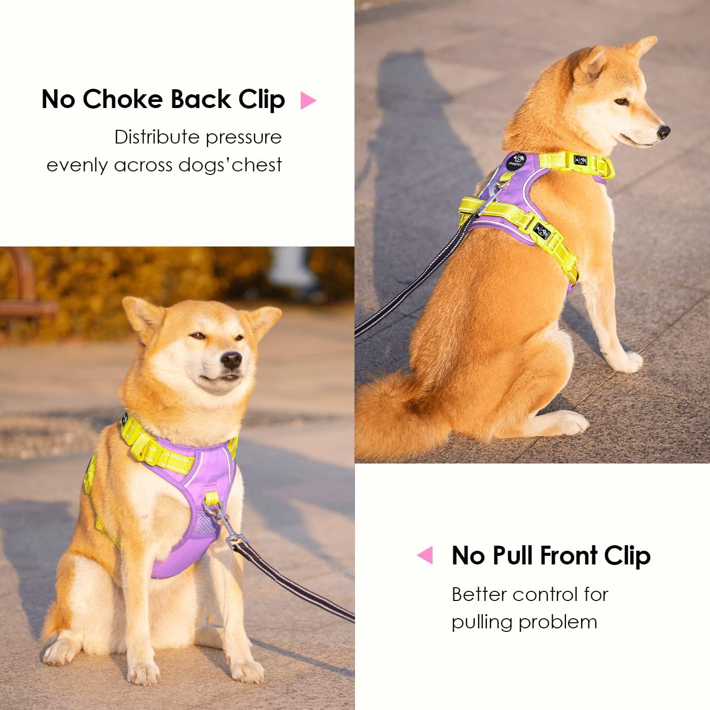 No Pull Dog Harness, Unique Colors Reflective Adjustable Dog Vest, with Soft Training Handle Metal Clips for Small Medium Large Dogs (Baby Purple Base & Yellow Straps,M)