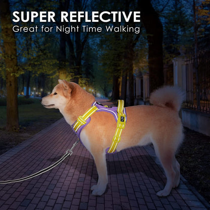 No Pull Dog Harness, Unique Colors Reflective Adjustable Dog Vest, with Soft Training Handle Metal Clips for Small Medium Large Dogs (Baby Purple Base & Yellow Straps,M)
