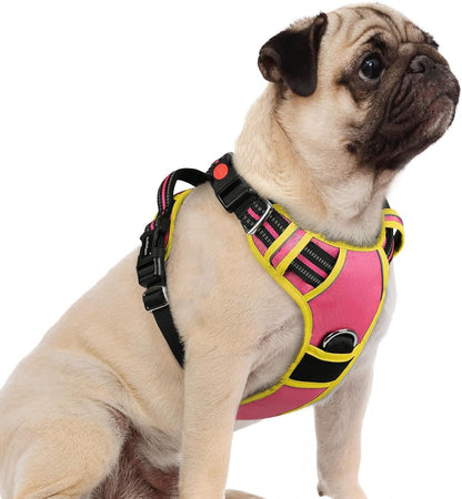 Dog Harness Small Sized, No Pull 3 Buckles Easy On & Off | Soft Padded, Walking with Control Handle, Adjustable and Reflective, Pink & Yellow, Small