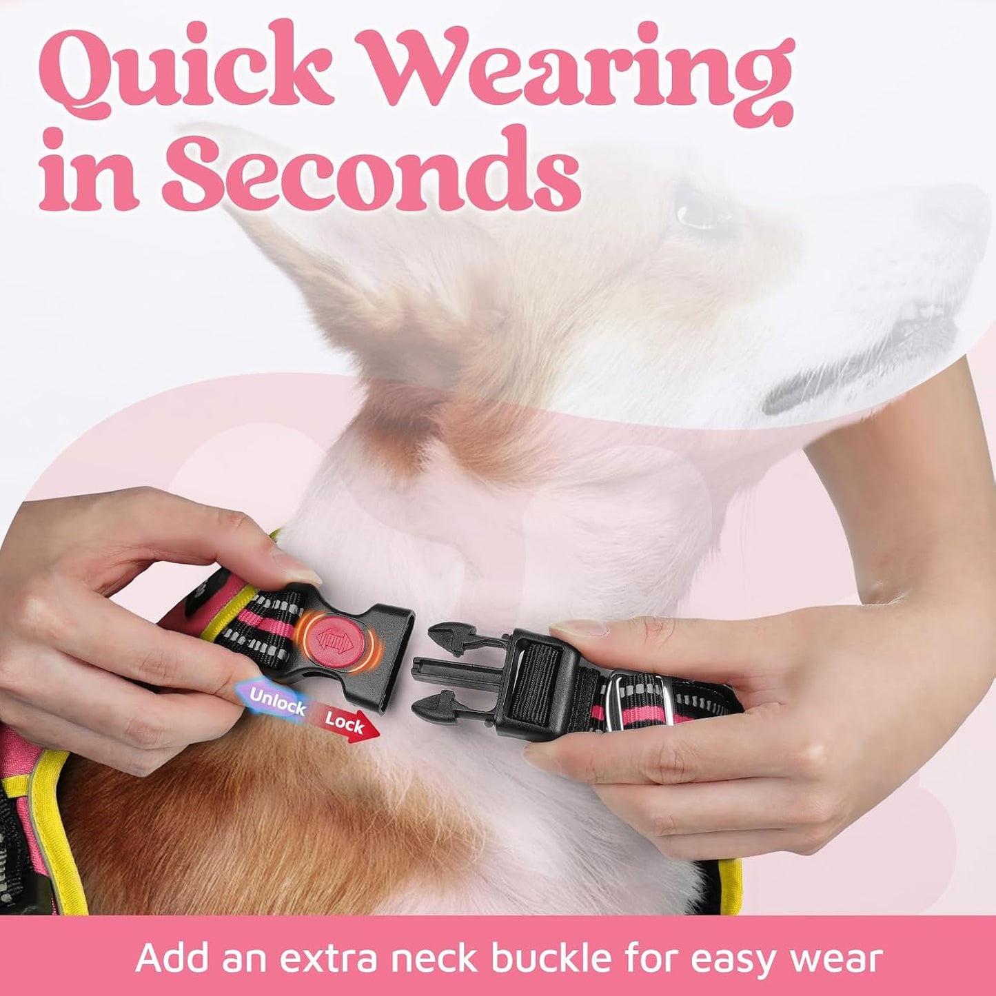 Dog Harness Small Sized, No Pull 3 Buckles Easy On & Off | Soft Padded, Walking with Control Handle, Adjustable and Reflective, Pink & Yellow, Small