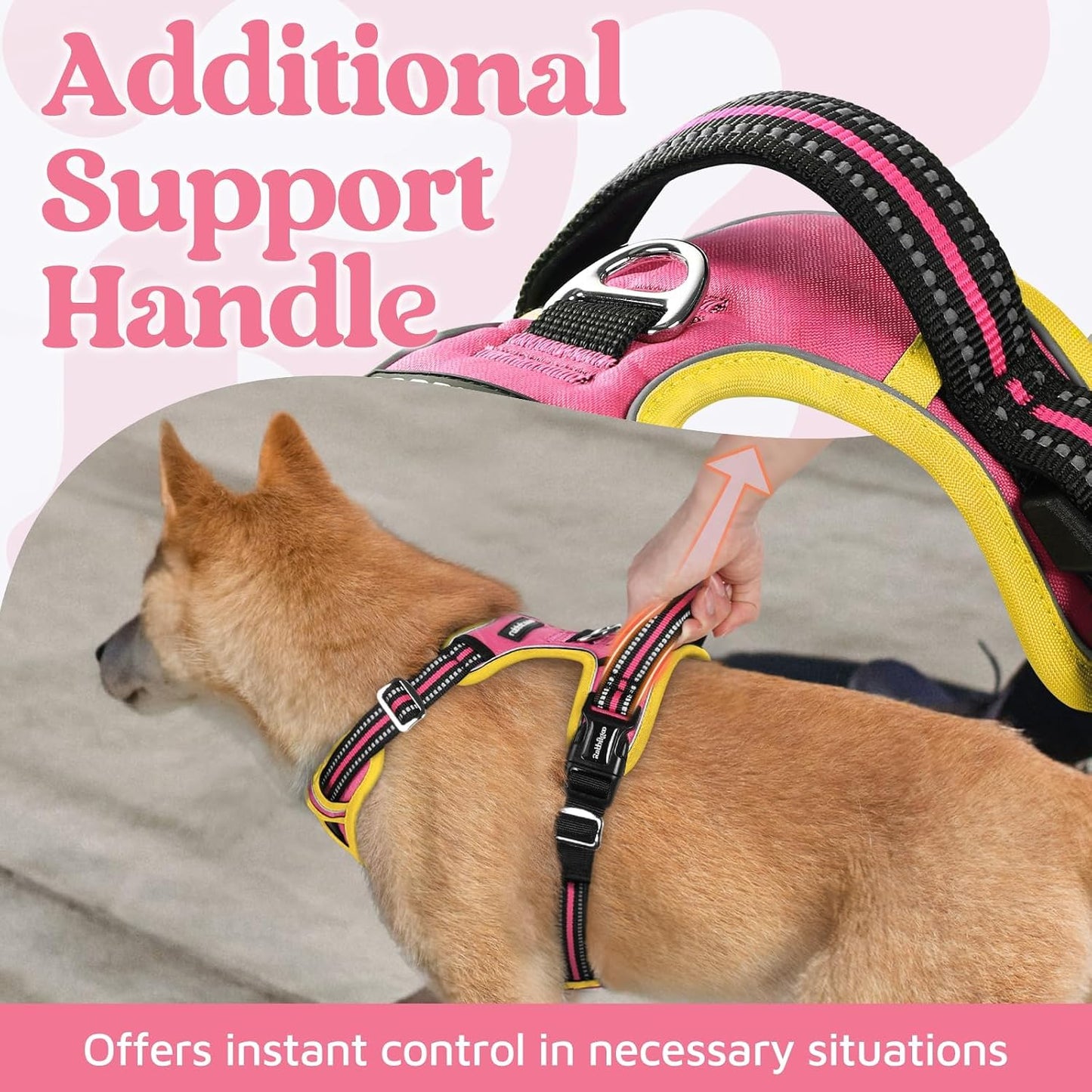Dog Harness Small Sized, No Pull 3 Buckles Easy On & Off | Soft Padded, Walking with Control Handle, Adjustable and Reflective, Pink & Yellow, Small