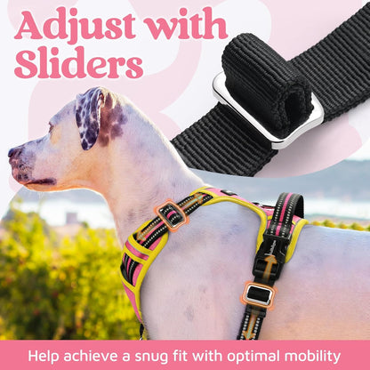 Dog Harness Small Sized, No Pull 3 Buckles Easy On & Off | Soft Padded, Walking with Control Handle, Adjustable and Reflective, Pink & Yellow, Small