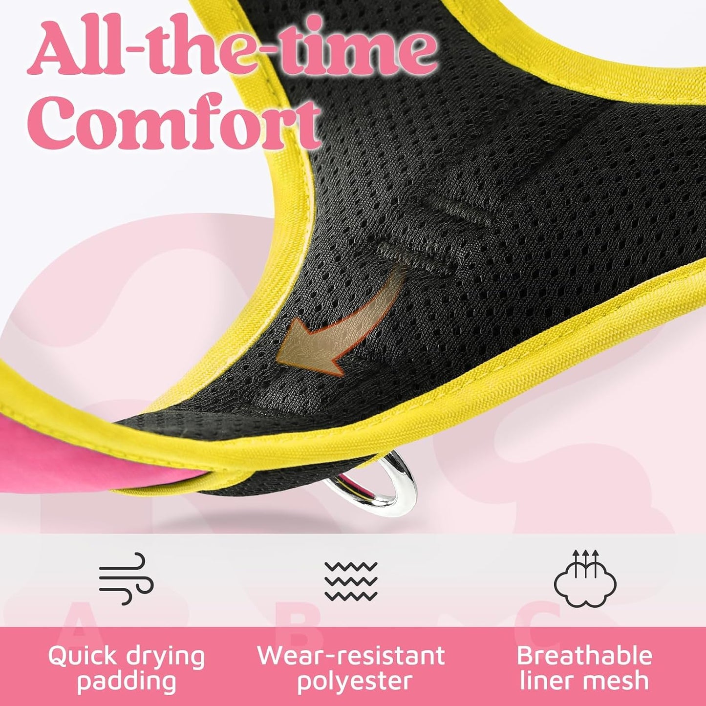 Dog Harness Small Sized, No Pull 3 Buckles Easy On & Off | Soft Padded, Walking with Control Handle, Adjustable and Reflective, Pink & Yellow, Small