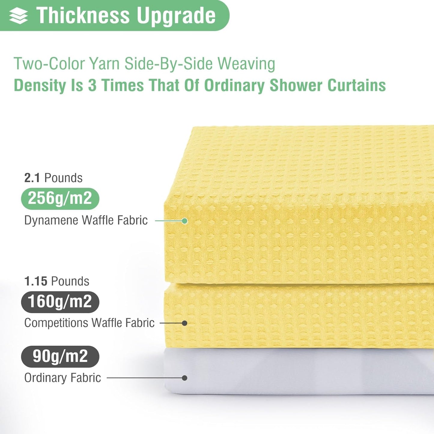 Yellow Fabric Shower Curtain - Waffle Weave Textured Heavy Duty Cloth Shower Curtains for Bathroom, 256GSM Hotel Luxury Weighted Bath Curtain Set with 12 Hooks,72x72, Yellow