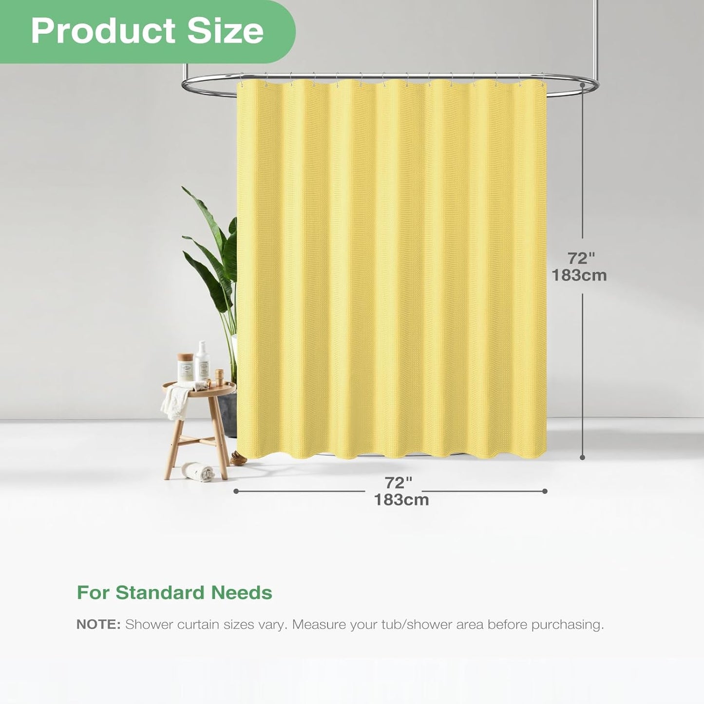 Yellow Fabric Shower Curtain - Waffle Weave Textured Heavy Duty Cloth Shower Curtains for Bathroom, 256GSM Hotel Luxury Weighted Bath Curtain Set with 12 Hooks,72x72, Yellow