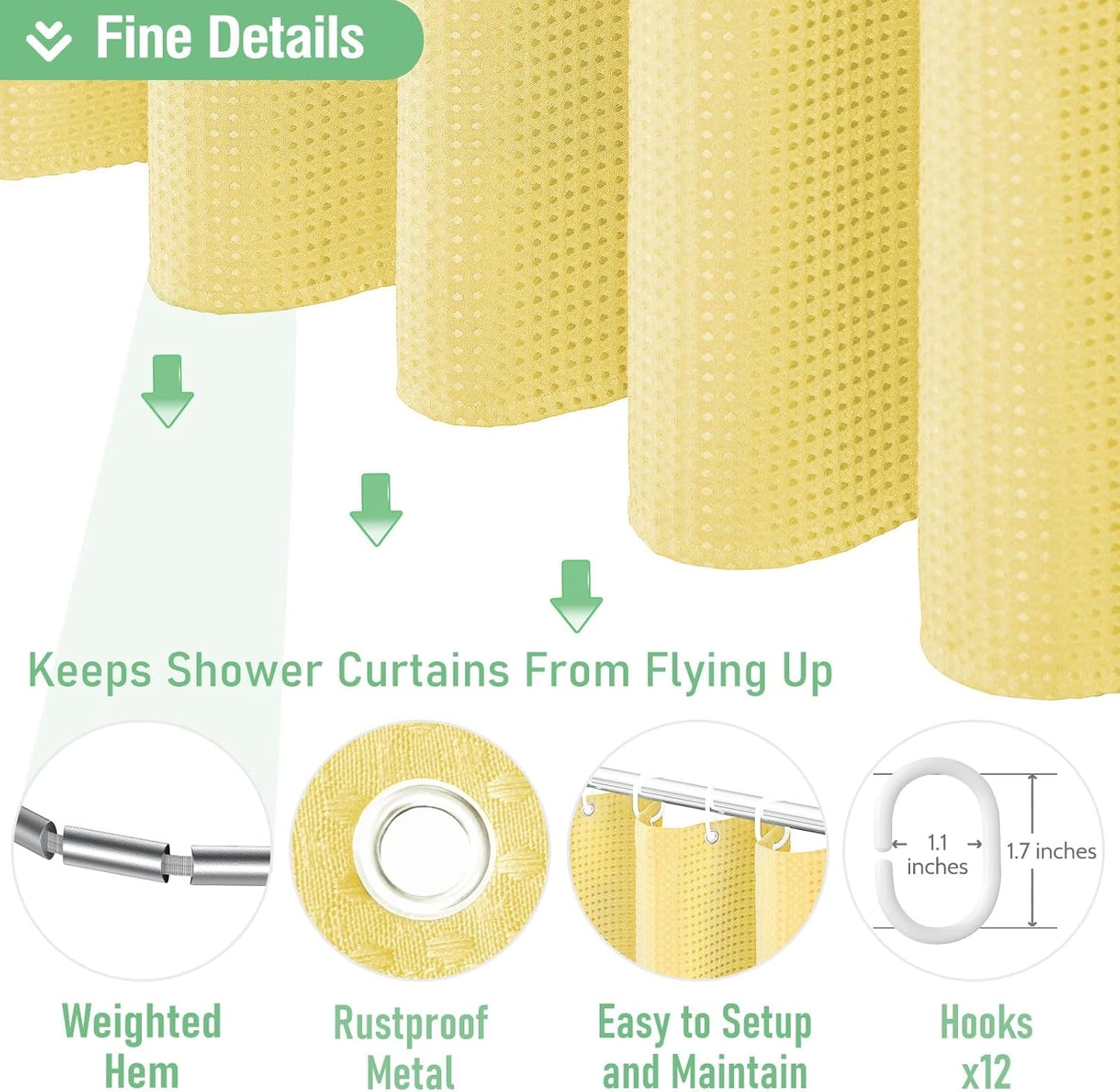 Yellow Fabric Shower Curtain - Waffle Weave Textured Heavy Duty Cloth Shower Curtains for Bathroom, 256GSM Hotel Luxury Weighted Bath Curtain Set with 12 Hooks,72x72, Yellow