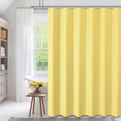 Yellow Fabric Shower Curtain - Waffle Weave Textured Heavy Duty Cloth Shower Curtains for Bathroom, 256GSM Hotel Luxury Weighted Bath Curtain Set with 12 Hooks,72x72, Yellow
