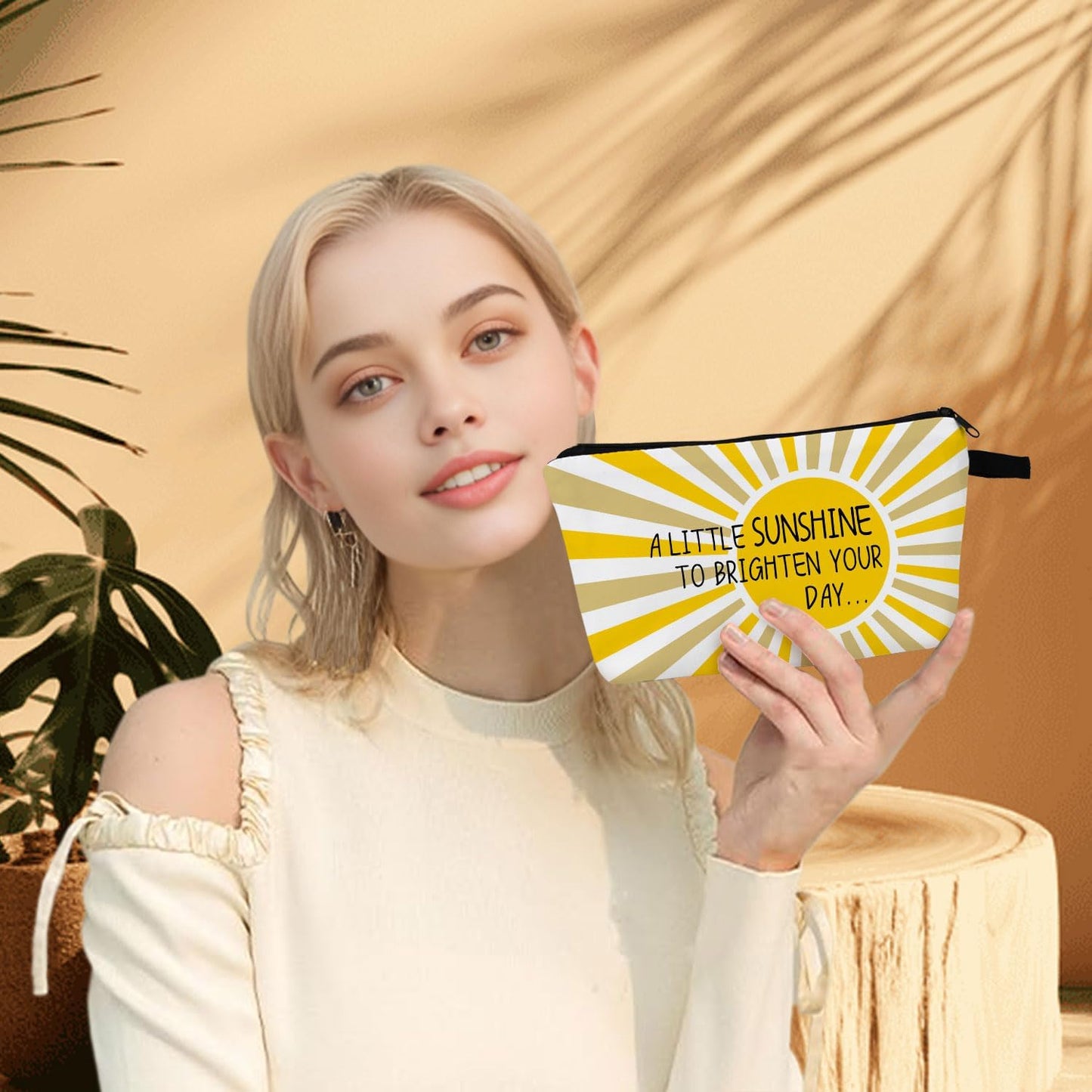 A Little Sunshine To Brighten Your Day Yellow Summer Inspirational Makeup Bag for Women Positve Gifts for Women Boho Sunrise Sunshine Zipper Makeup Pouch Travel Toiletry Bag