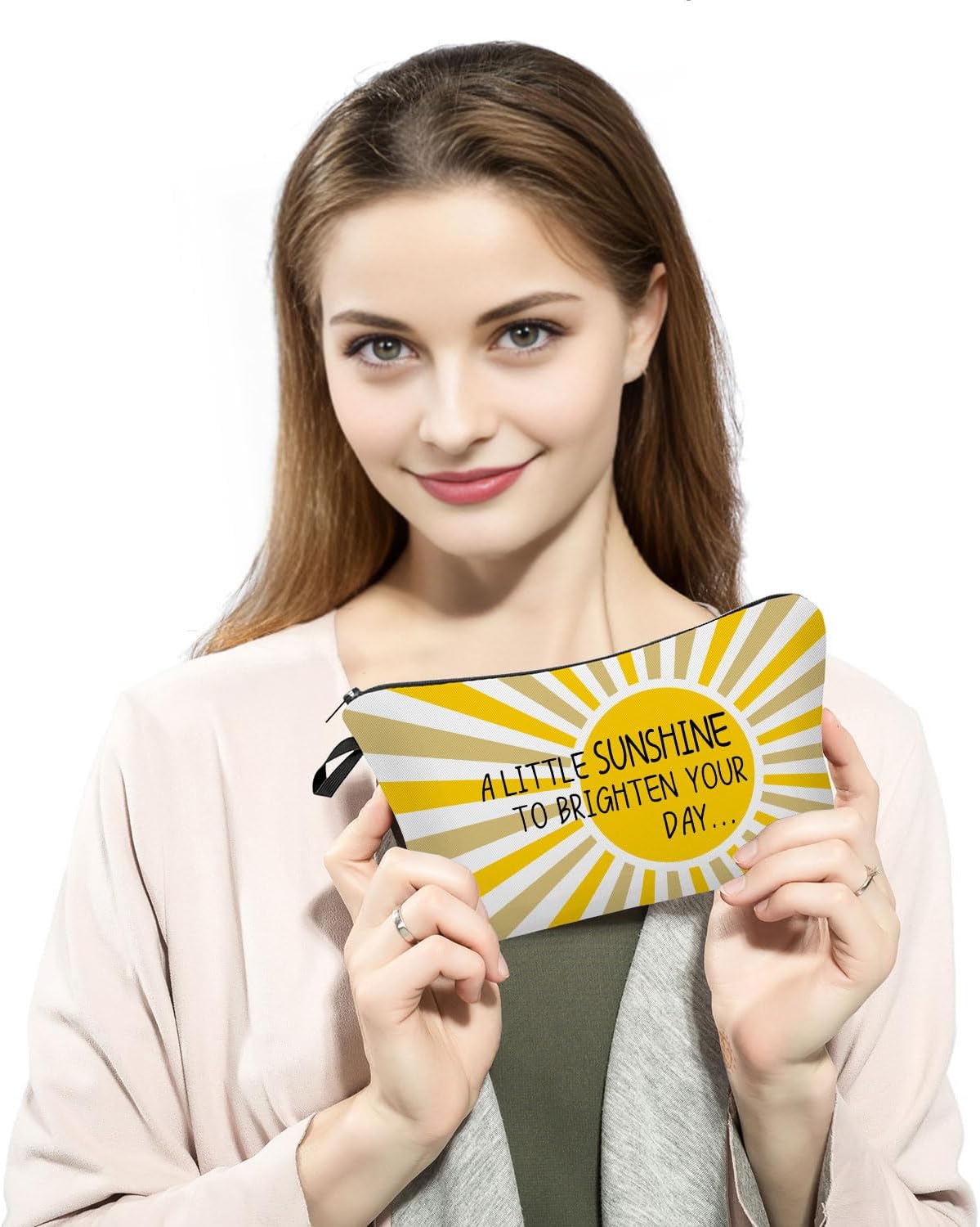 A Little Sunshine To Brighten Your Day Yellow Summer Inspirational Makeup Bag for Women Positve Gifts for Women Boho Sunrise Sunshine Zipper Makeup Pouch Travel Toiletry Bag