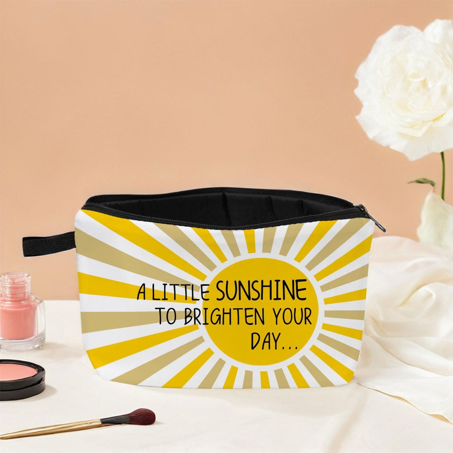 A Little Sunshine To Brighten Your Day Yellow Summer Inspirational Makeup Bag for Women Positve Gifts for Women Boho Sunrise Sunshine Zipper Makeup Pouch Travel Toiletry Bag