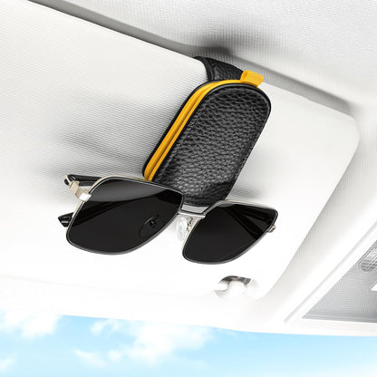 Sunglasses Holder for Car, Leather Magnetic Buckle Sun Visor Sunglass Clip, Ticket Card Storage Glasses Clip, Car Interior Accessories for Men and Women（Black-Yellow）