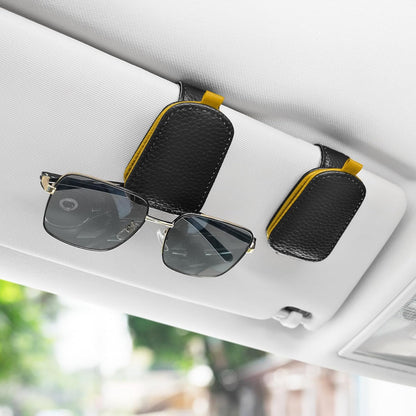 Sunglasses Holder for Car, Leather Magnetic Buckle Sun Visor Sunglass Clip, Ticket Card Storage Glasses Clip, Car Interior Accessories for Men and Women（Black-Yellow）