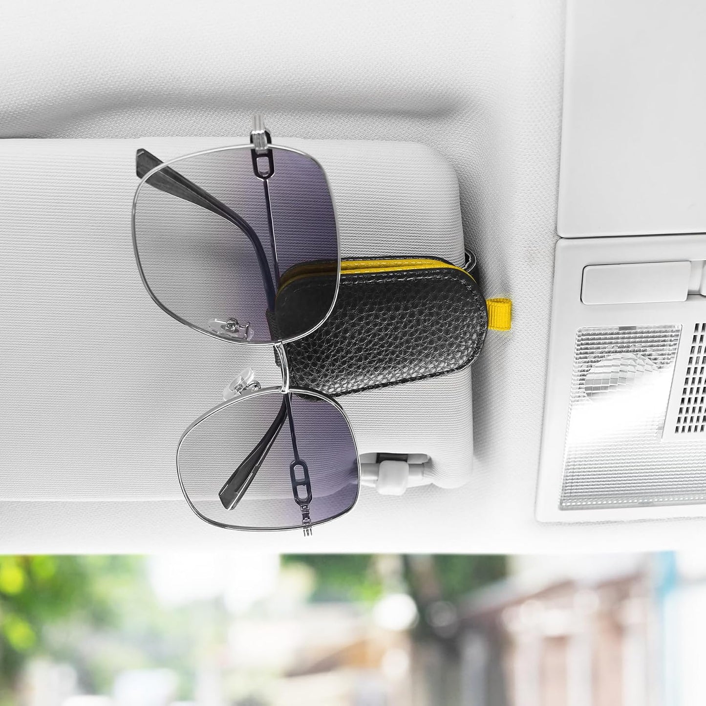 Sunglasses Holder for Car, Leather Magnetic Buckle Sun Visor Sunglass Clip, Ticket Card Storage Glasses Clip, Car Interior Accessories for Men and Women（Black-Yellow）