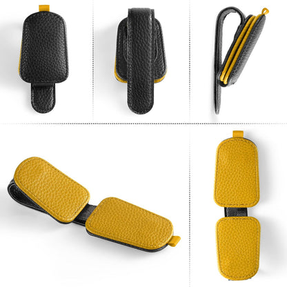 Sunglasses Holder for Car, Leather Magnetic Buckle Sun Visor Sunglass Clip, Ticket Card Storage Glasses Clip, Car Interior Accessories for Men and Women（Black-Yellow）