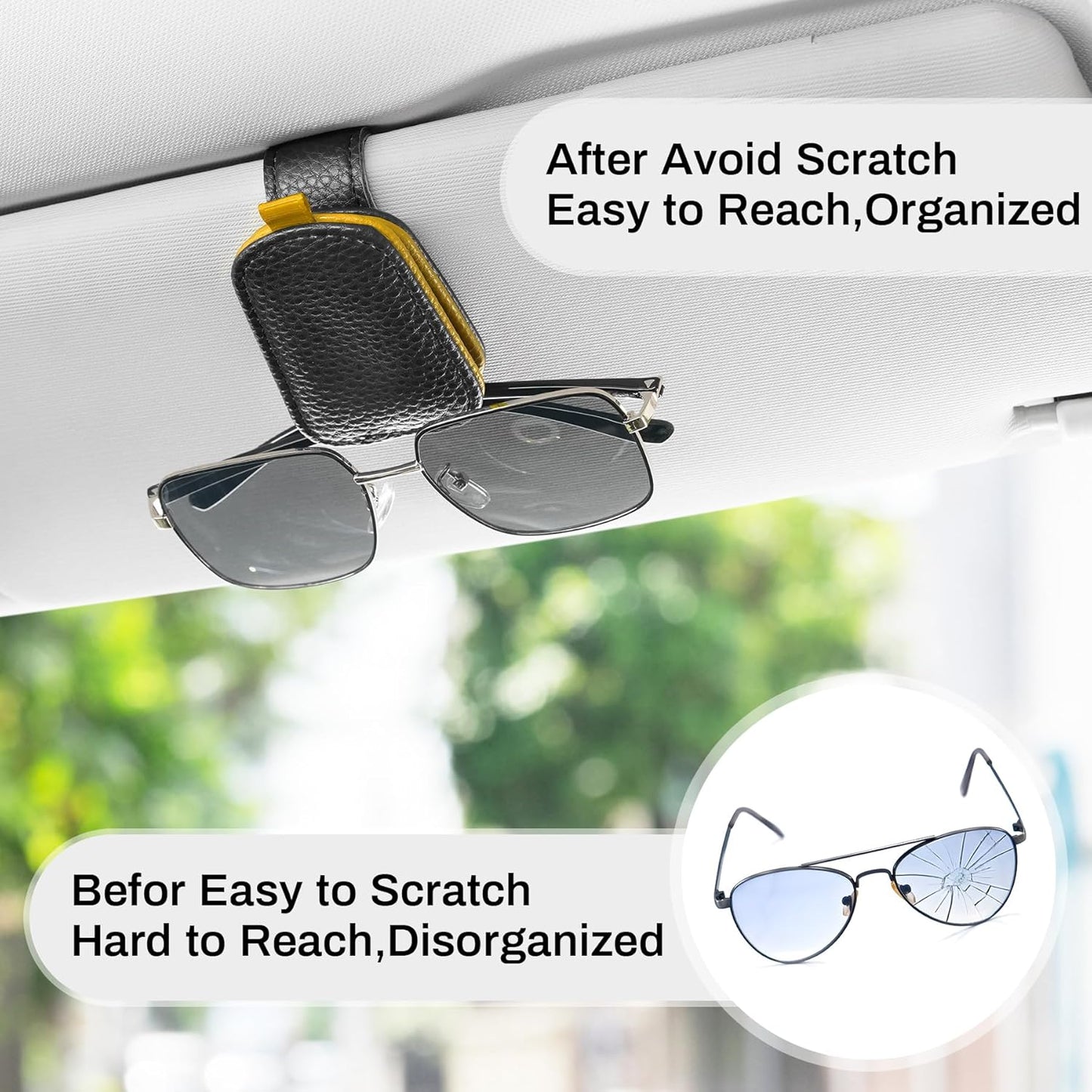 Sunglasses Holder for Car, Leather Magnetic Buckle Sun Visor Sunglass Clip, Ticket Card Storage Glasses Clip, Car Interior Accessories for Men and Women（Black-Yellow）