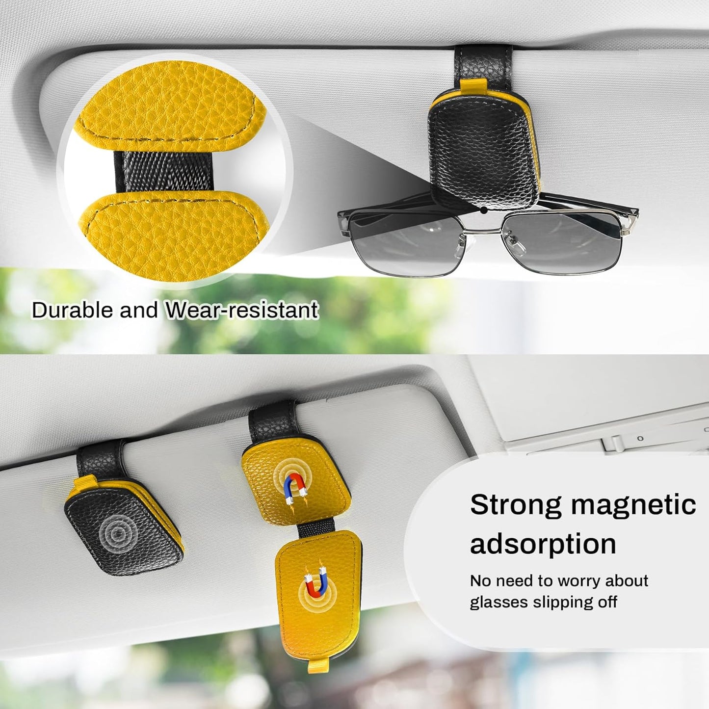 Sunglasses Holder for Car, Leather Magnetic Buckle Sun Visor Sunglass Clip, Ticket Card Storage Glasses Clip, Car Interior Accessories for Men and Women（Black-Yellow）