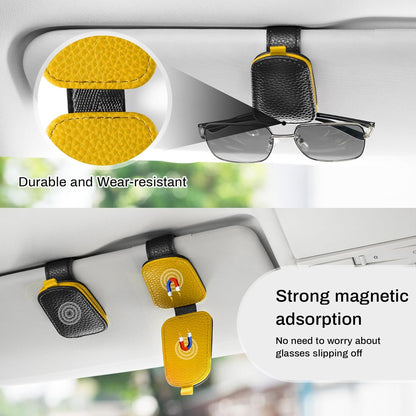 Sunglasses Holder for Car, Leather Magnetic Buckle Sun Visor Sunglass Clip, Ticket Card Storage Glasses Clip, Car Interior Accessories for Men and Women（Black-Yellow）