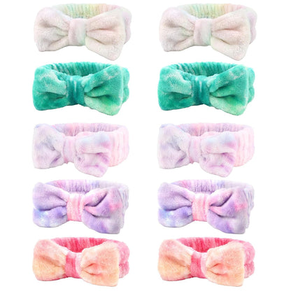 10 Pack Yellow Spa Headbands for Women, Soft Plush Bow Hair Bands, Elastic Facial Headbands for Washing Face, Skincare, Makeup, Yoga, Shower, Summer Party