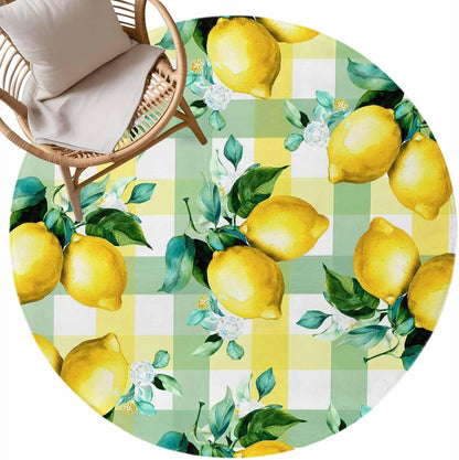 Round Area Rug Fluffy Carpet,3ft Summer Lemon Fruit Green Leaf Soft Shaggy Circle Rugs Non-Slip Accent Floor Mat for Living Room Bedroom Nursery Office Decor,Light Yellow Green Check
