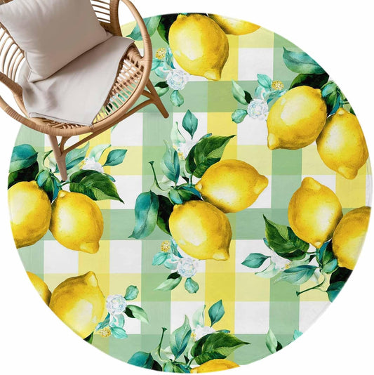Round Area Rug Fluffy Carpet,3ft Summer Lemon Fruit Green Leaf Soft Shaggy Circle Rugs Non-Slip Accent Floor Mat for Living Room Bedroom Nursery Office Decor,Light Yellow Green Check