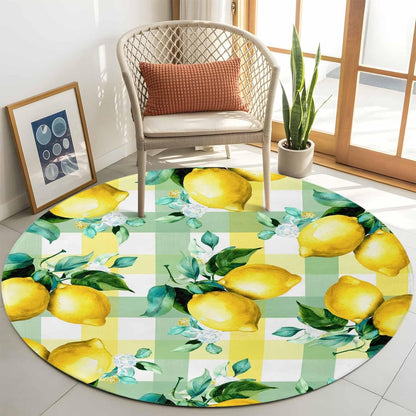 Round Area Rug Fluffy Carpet,3ft Summer Lemon Fruit Green Leaf Soft Shaggy Circle Rugs Non-Slip Accent Floor Mat for Living Room Bedroom Nursery Office Decor,Light Yellow Green Check