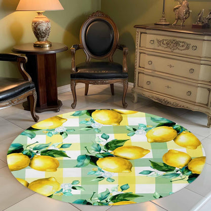 Round Area Rug Fluffy Carpet,3ft Summer Lemon Fruit Green Leaf Soft Shaggy Circle Rugs Non-Slip Accent Floor Mat for Living Room Bedroom Nursery Office Decor,Light Yellow Green Check