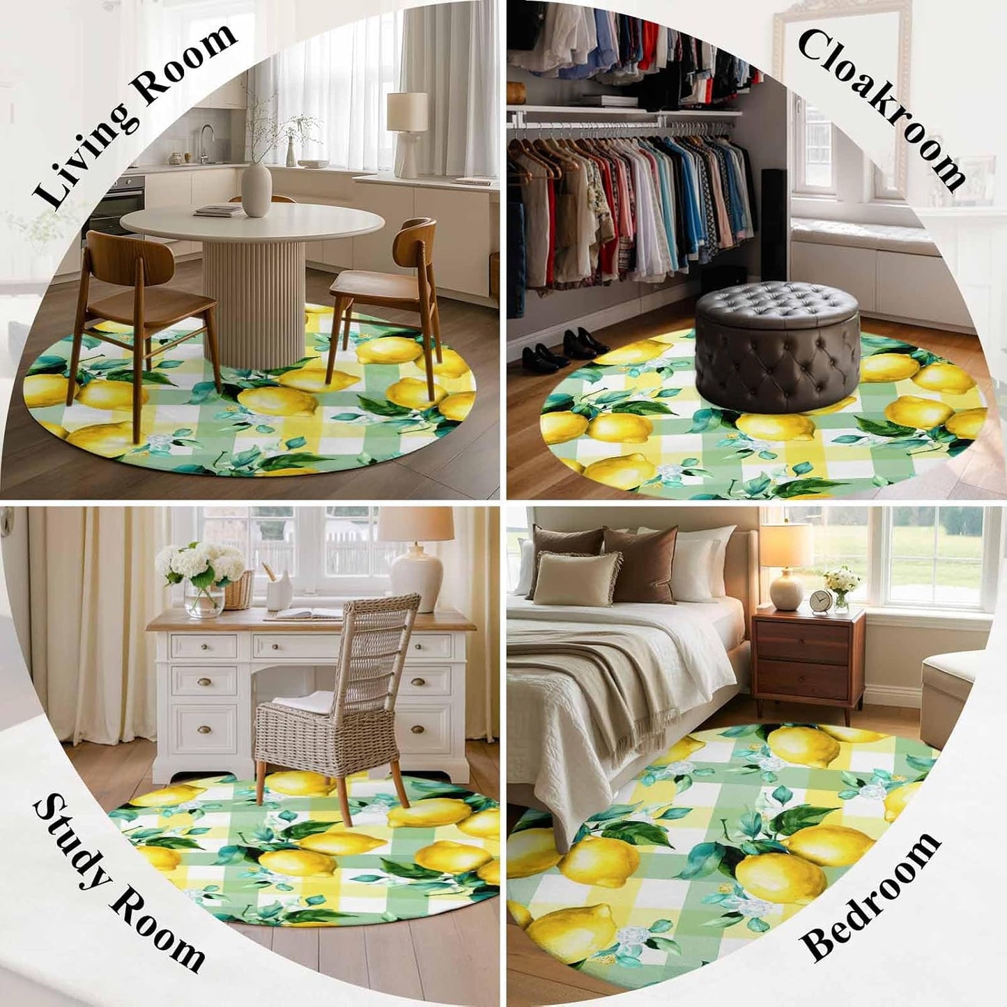 Round Area Rug Fluffy Carpet,3ft Summer Lemon Fruit Green Leaf Soft Shaggy Circle Rugs Non-Slip Accent Floor Mat for Living Room Bedroom Nursery Office Decor,Light Yellow Green Check