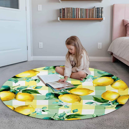 Round Area Rug Fluffy Carpet,3ft Summer Lemon Fruit Green Leaf Soft Shaggy Circle Rugs Non-Slip Accent Floor Mat for Living Room Bedroom Nursery Office Decor,Light Yellow Green Check