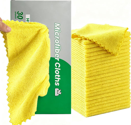 30 Pack Microfiber Cleaning Cloths, Dish Towels for Kitchen, Car, Bathroom | Cleaning Rags for Window, Household, Ultra Absorbent Cleaning Supplies, Lint Free, Streak Free, Reusable & Washable (Yellow)