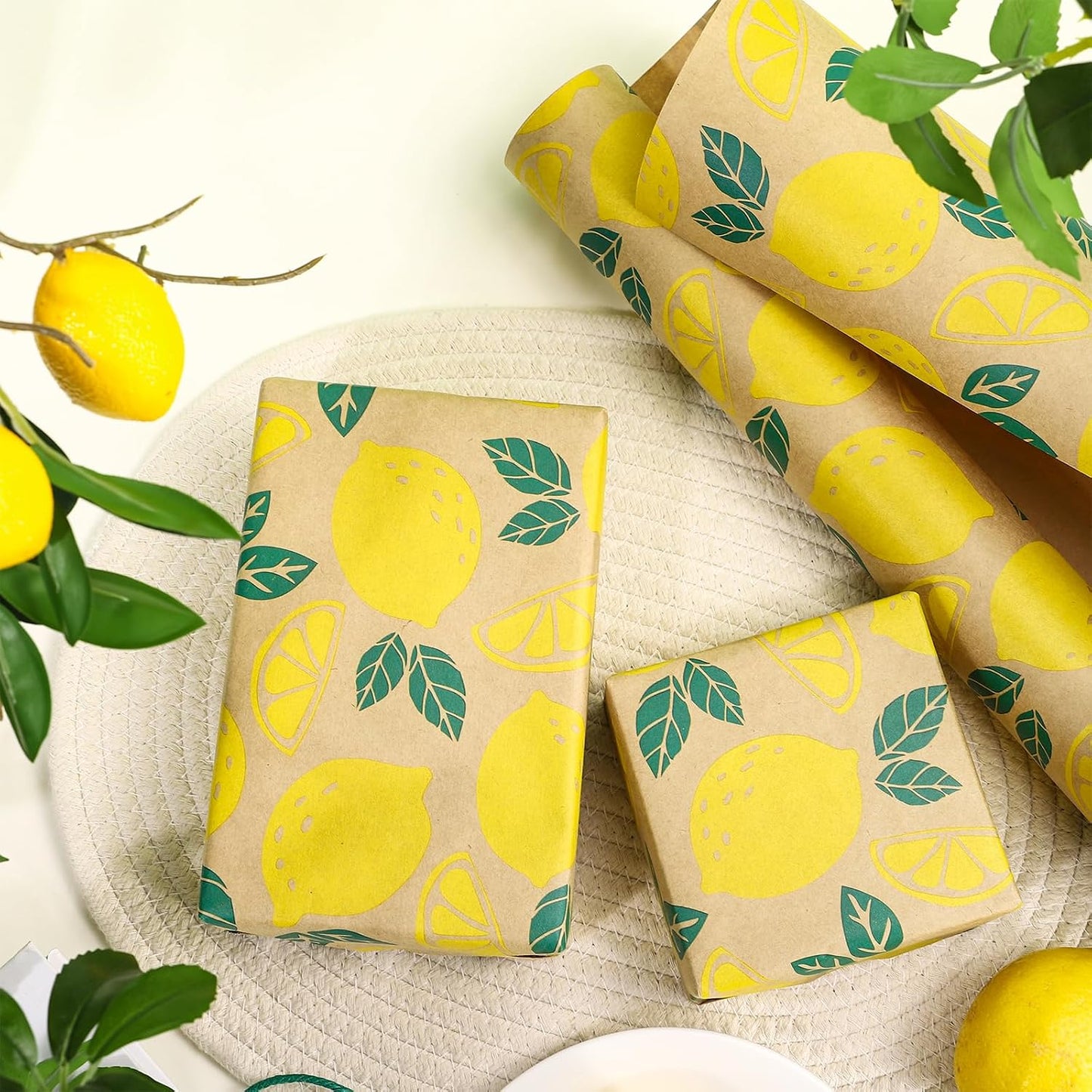Lemon Wrapping Paper Roll, Mini Roll, Kraft Wrapping Paper with Beautiful Lemon Design Great for Boys Girls, Birthday Party, Baby Shower, 17 Inches x 32.8 Feet