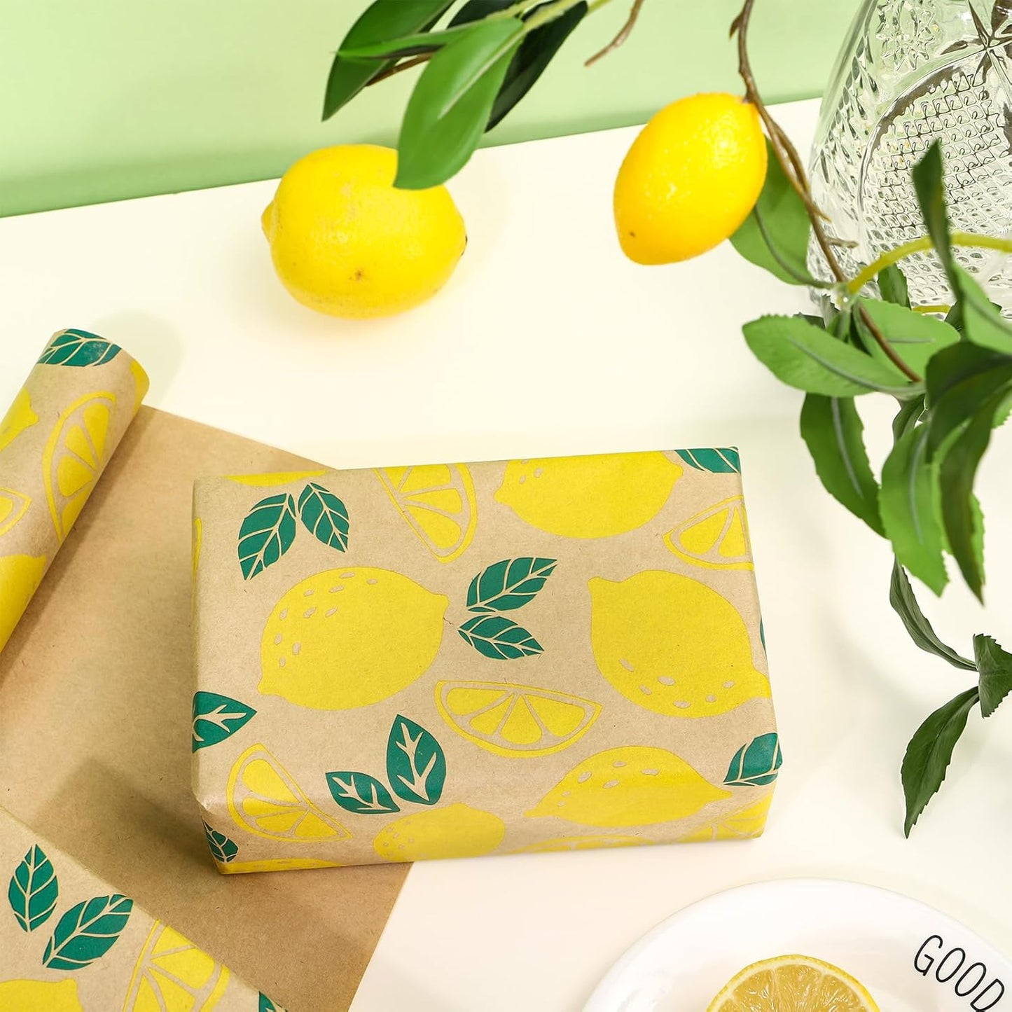 Lemon Wrapping Paper Roll, Mini Roll, Kraft Wrapping Paper with Beautiful Lemon Design Great for Boys Girls, Birthday Party, Baby Shower, 17 Inches x 32.8 Feet