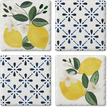 Thirstystone Sorrento Lemons 4 Pack Assorted Tumbled Tile Stone Coasters with Protective Cork Backing 4" Square Manufactured in The USA