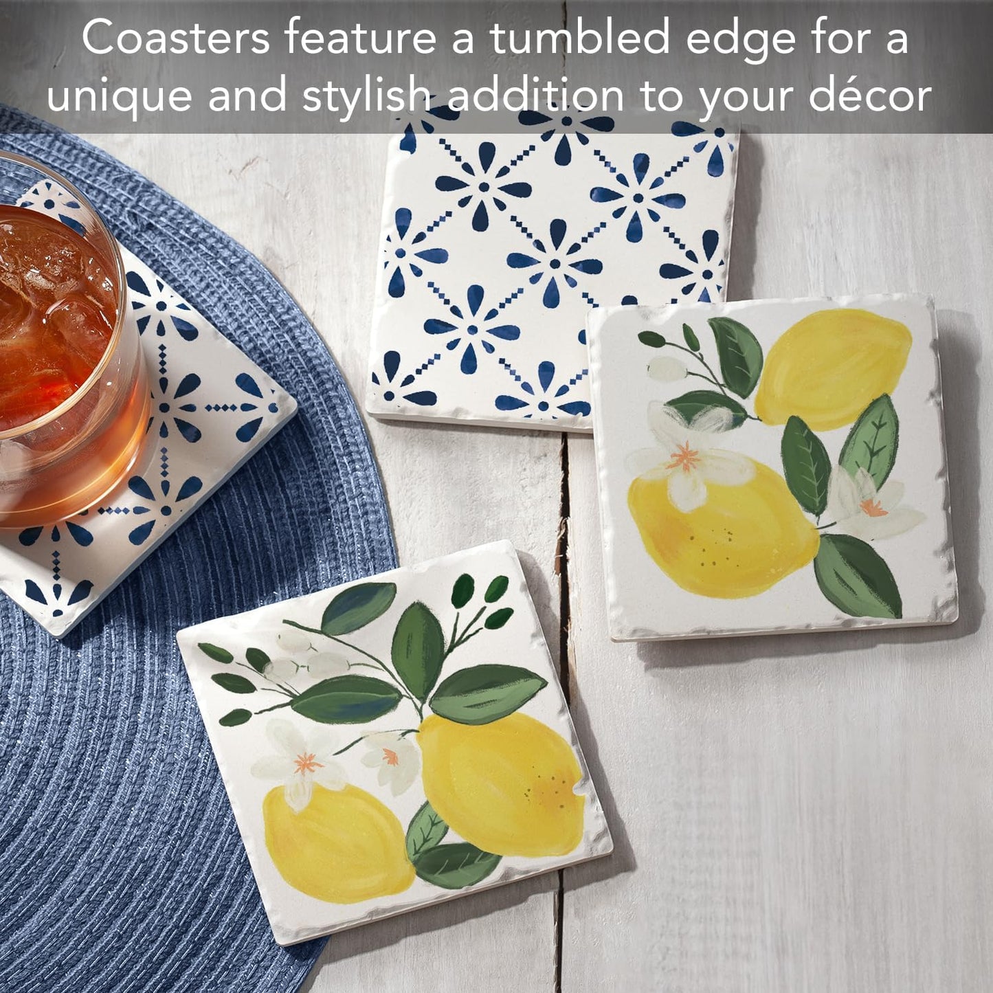 Thirstystone Sorrento Lemons 4 Pack Assorted Tumbled Tile Stone Coasters with Protective Cork Backing 4" Square Manufactured in The USA