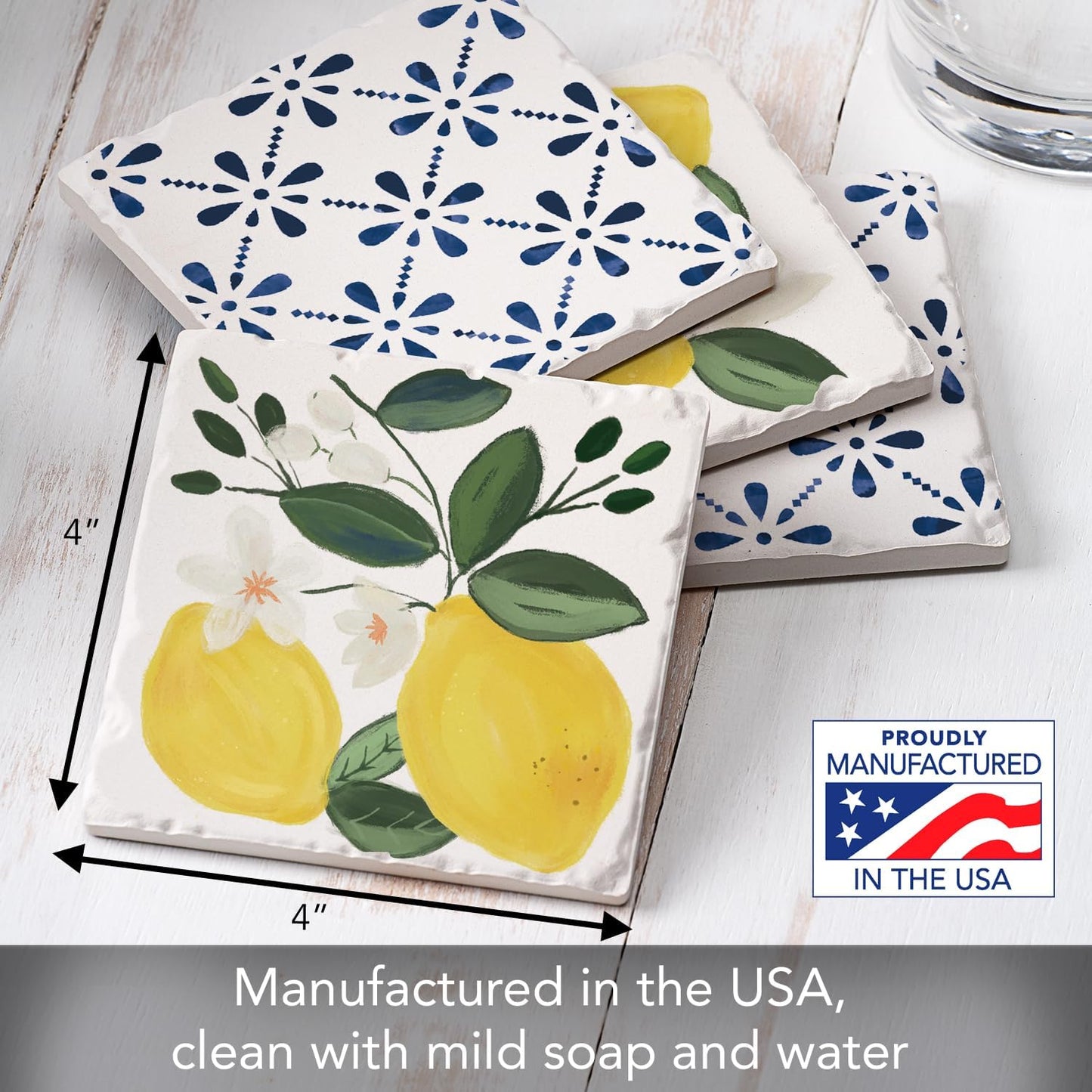 Thirstystone Sorrento Lemons 4 Pack Assorted Tumbled Tile Stone Coasters with Protective Cork Backing 4" Square Manufactured in The USA
