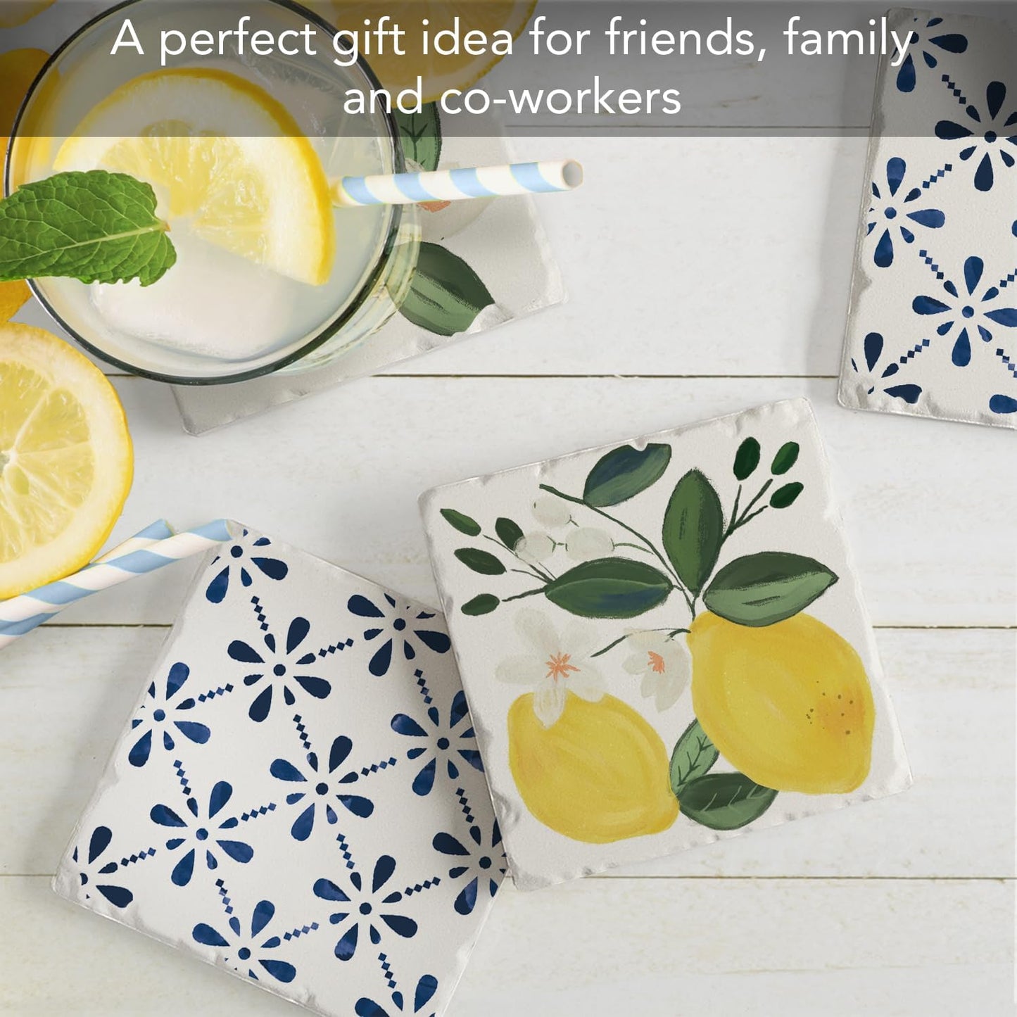 Thirstystone Sorrento Lemons 4 Pack Assorted Tumbled Tile Stone Coasters with Protective Cork Backing 4" Square Manufactured in The USA
