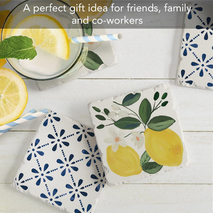 Thirstystone Sorrento Lemons 4 Pack Assorted Tumbled Tile Stone Coasters with Protective Cork Backing 4" Square Manufactured in The USA