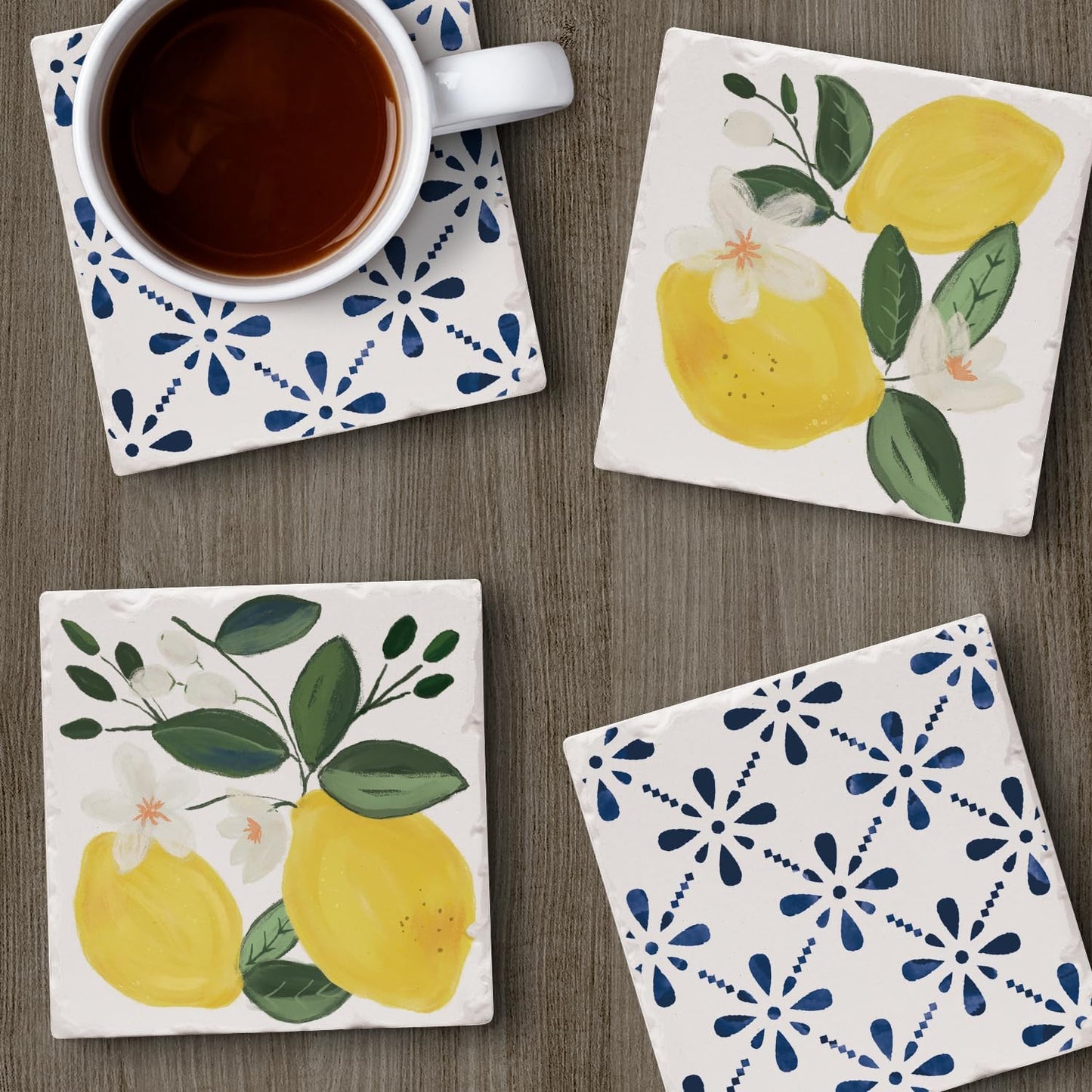 Thirstystone Sorrento Lemons 4 Pack Assorted Tumbled Tile Stone Coasters with Protective Cork Backing 4" Square Manufactured in The USA