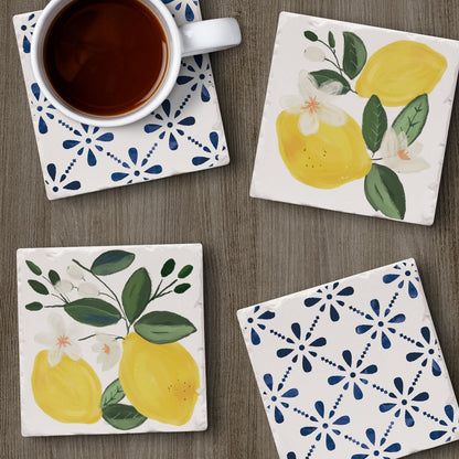 Thirstystone Sorrento Lemons 4 Pack Assorted Tumbled Tile Stone Coasters with Protective Cork Backing 4" Square Manufactured in The USA