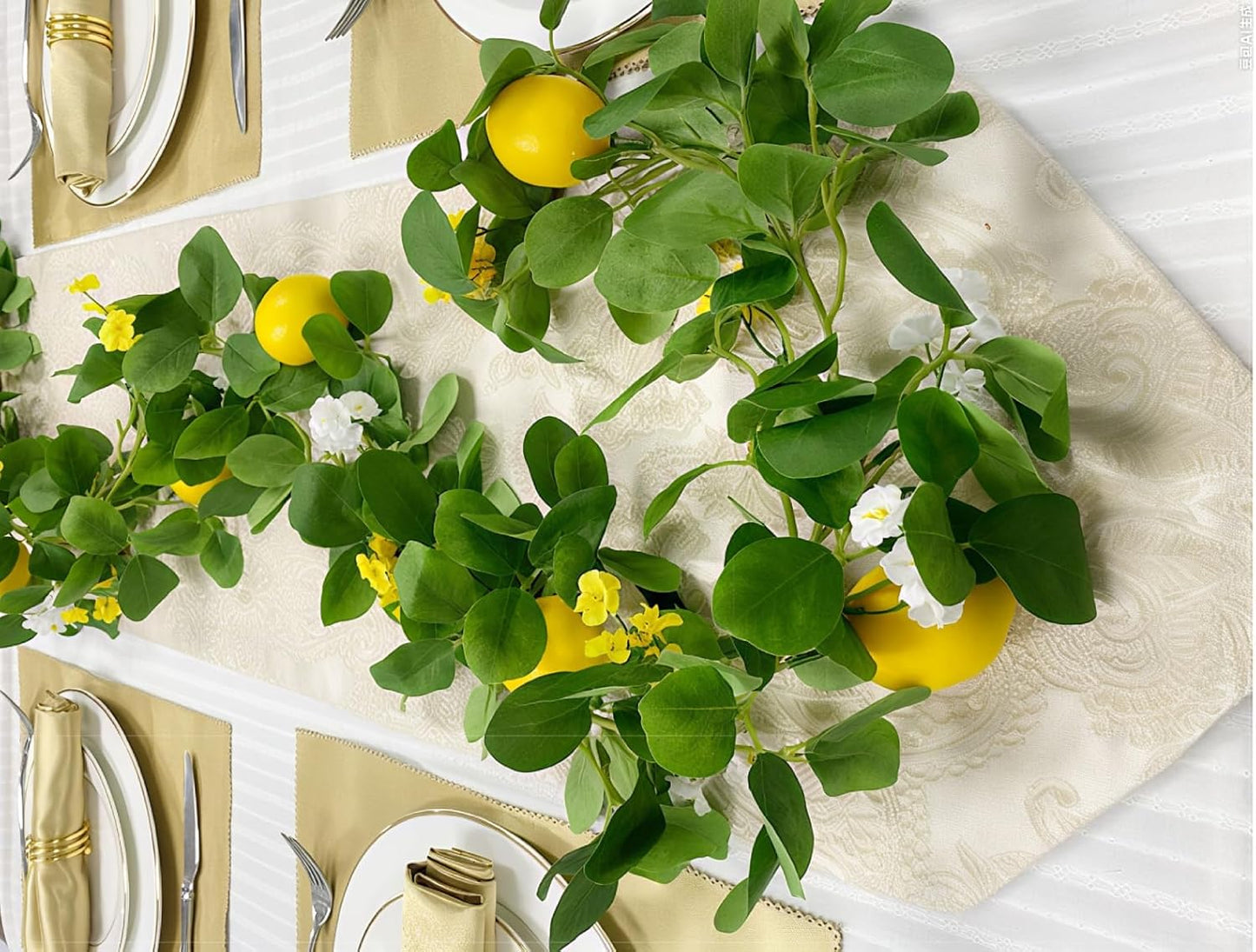 2PCS Artificial Lemon Garland (11Ft Total), Faux Fruit Vine with Greenery for Wedding Party, Wall Mantle Table Decor, Spring Summer Kitchen Door Decoration