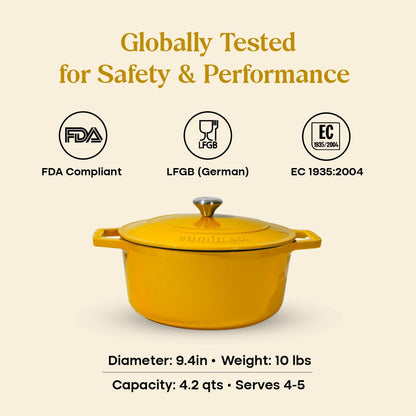. Enameled Cast Iron Dutch Oven with Lid, 4 QT Heavy Duty Casserole Pot – Non Toxic PFAS Free Cookware – Oven Safe Bread & Soup Pot – 4 Layer Enamel Coating Cast Iron Pot (Mustard, 9.4 Inch)