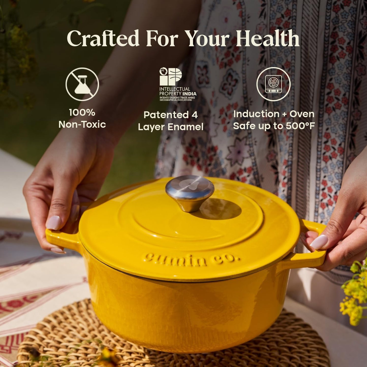 . Enameled Cast Iron Dutch Oven with Lid, 4 QT Heavy Duty Casserole Pot – Non Toxic PFAS Free Cookware – Oven Safe Bread & Soup Pot – 4 Layer Enamel Coating Cast Iron Pot (Mustard, 9.4 Inch)