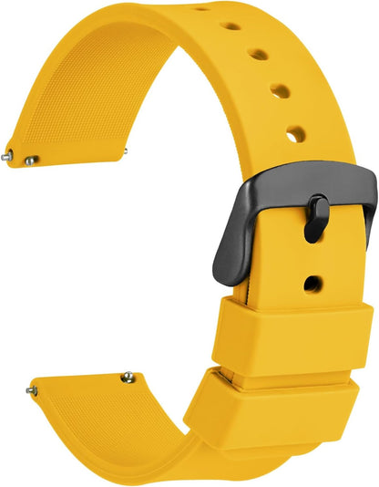 WOCCI 16mm Silicone Watch Band, Quick Release Rubber Replacement Strap with Black Stainless Steel Buckle (Yellow)